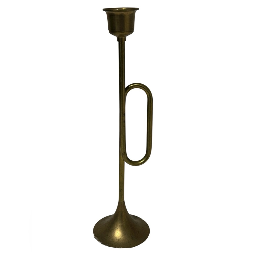 VINTAGE BRASS TRUMPET CANDLESTICK HOLDER